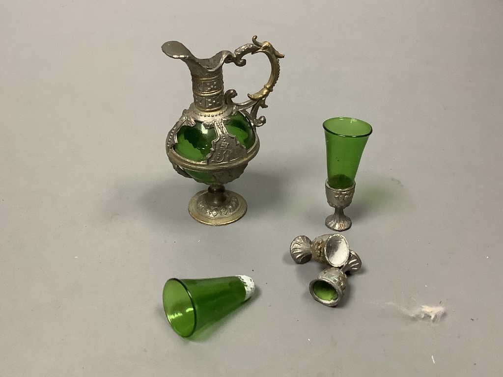 A turquoise necklace and mixed costume jewellery including a miniature dolls house glass set